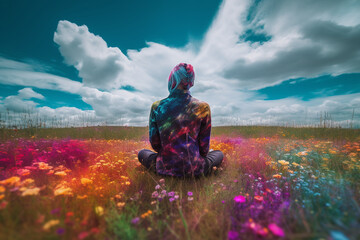 Surreal scene of depressed young adult person covered in pigment dust sitting in field of flowers - Generative AI