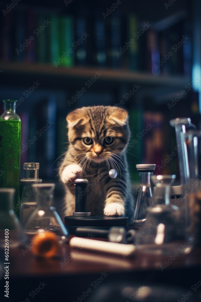 Poster a cat sitting on top of a table next to bottles. generative ai image.
