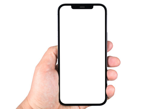 hand holding smartphone iPhone isolated with transparent png screen on transparent background. Apple is a multinational technology company. Batumi, Georgia - April 17, 2023