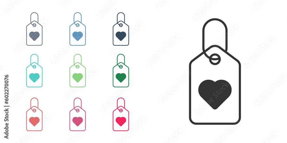 Sticker Black Heart tag icon isolated on white background. Love symbol. Valentine day symbol. Set icons colorful. Vector