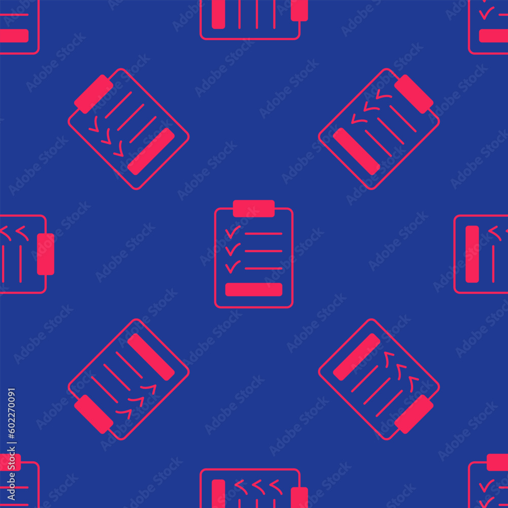 Poster red clipboard with checklist icon isolated seamless pattern on blue background. control list symbol.