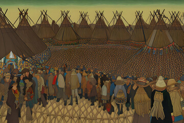 Ai-generated  Illustration of a native teepee with a crowd of people