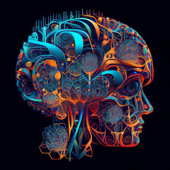 Neural network of big data and artificial intelligence circuit board in the face of a female orange and blue human head outlining concepts of a digital brain, computer Generative AI stock illustration