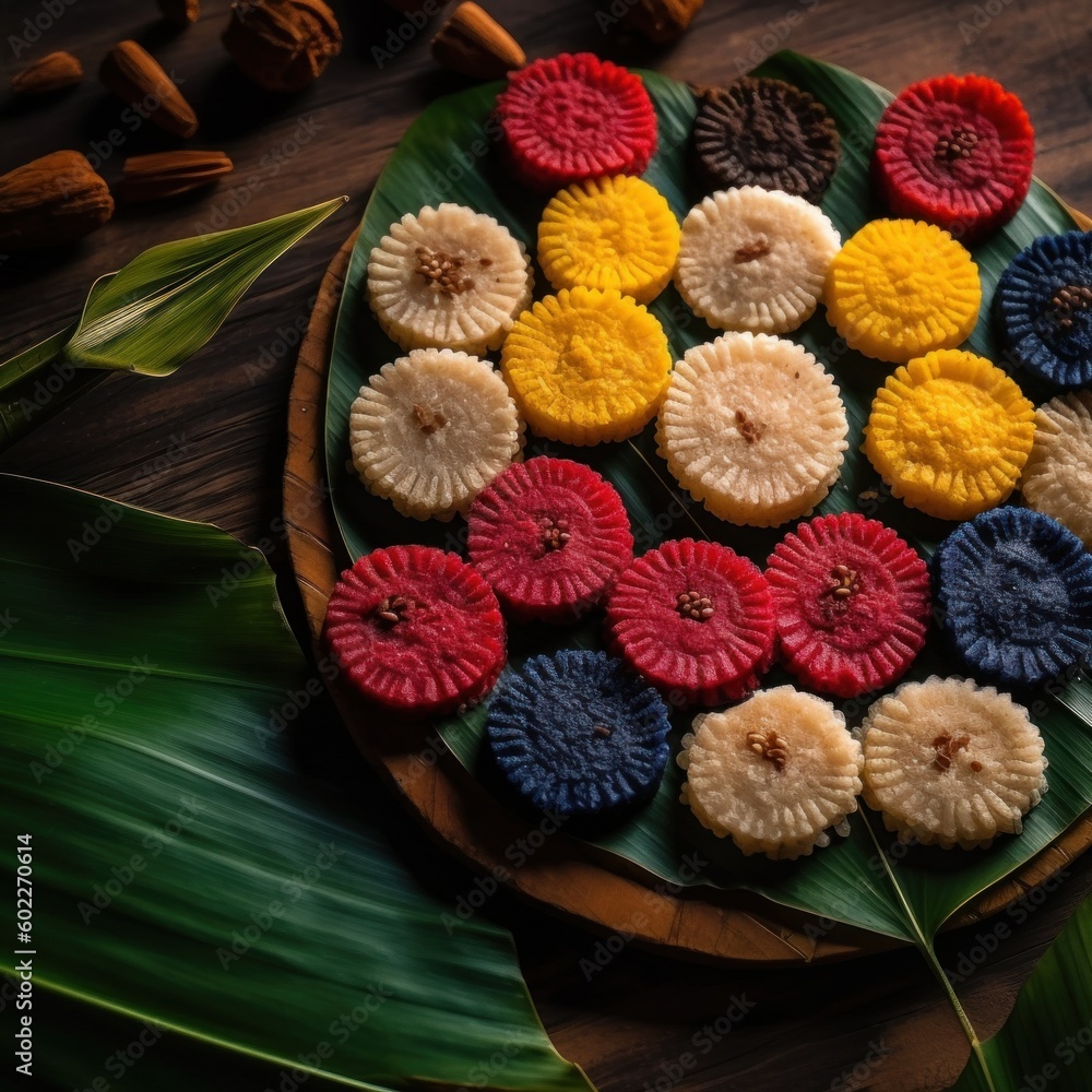 Poster a plate of colorful cookies on a banana leaf. generative ai image.