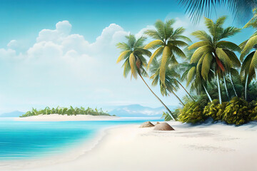 Beautiful tropical beach banner. White sand and coco palms travel tourism wide panorama background. Generative Ai
