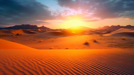 Fototapeta na wymiar Sunset in the sandy desert. Amazing landscape of sand dunes under the scorching setting sun. Generative AI.