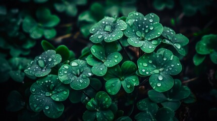 Closeup clover leaves with water drops. Background design with fresh wet trefoils. Generative AI.