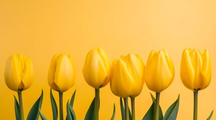 Beautiful composition of yellow tulips on yellow background with copy space. Generative AI.