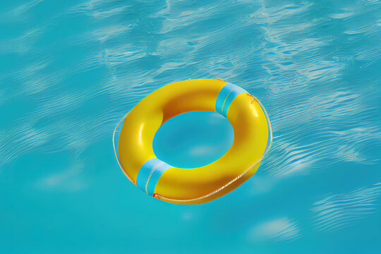 yellow swimming pool ring float in blue water. concept color summer. Generative Ai