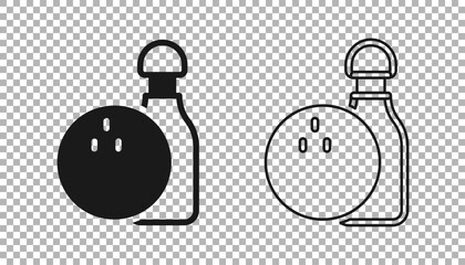 Black Bowling pin and ball icon isolated on transparent background. Sport equipment. Vector