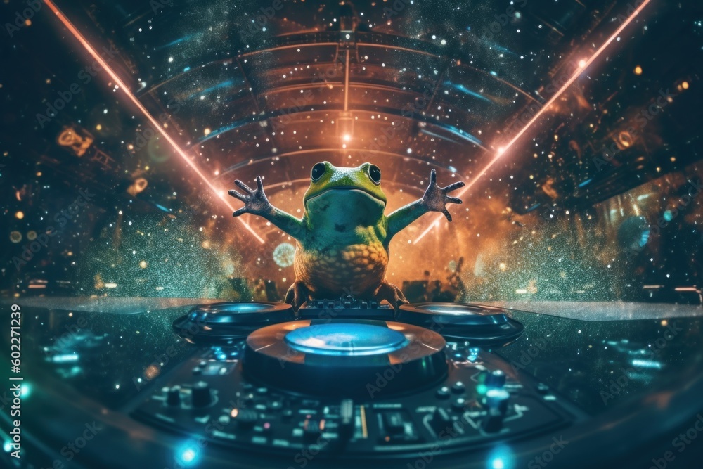 Poster a frog sitting on top of a turn table. generative ai image.