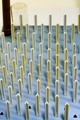 Draining rack. Glass inverted on wall dryer in a science laboratory