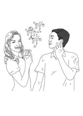 sketch of woman and man, black and white illustration, white background