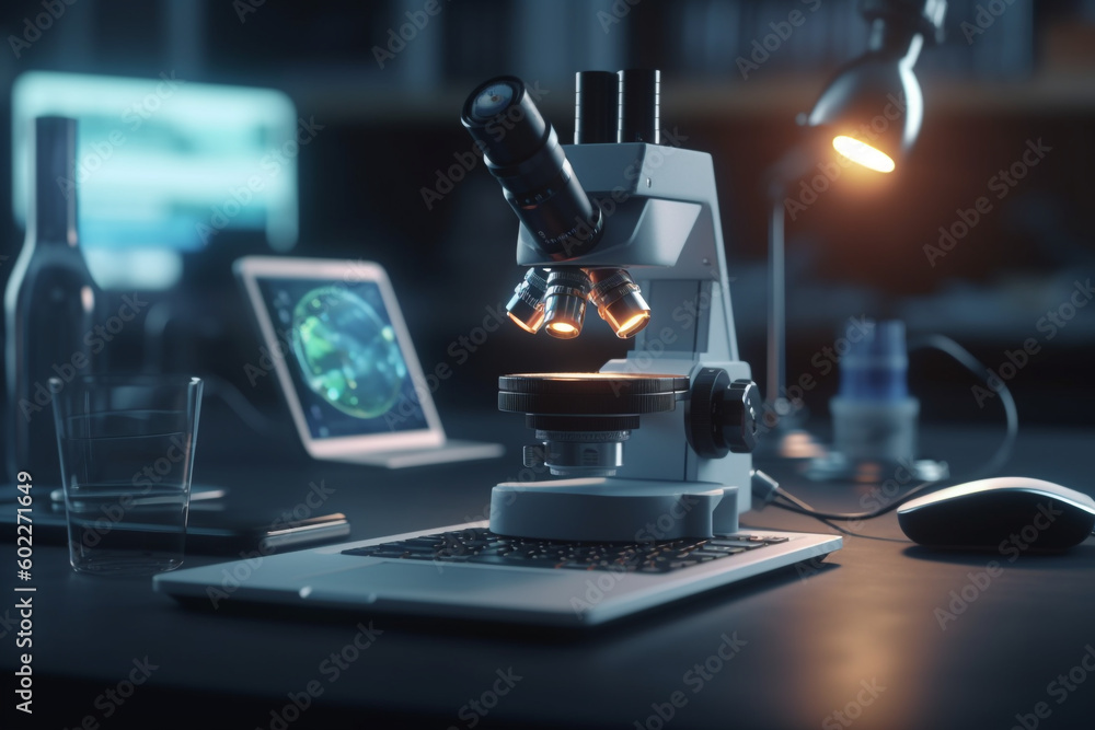 Poster scientist working in laboratory microscope and laptop computer on laboratory desk, generative ai
