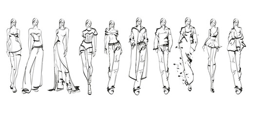 Set of Stylish fashion models. Pretty young girls. Fashion woman Sketch