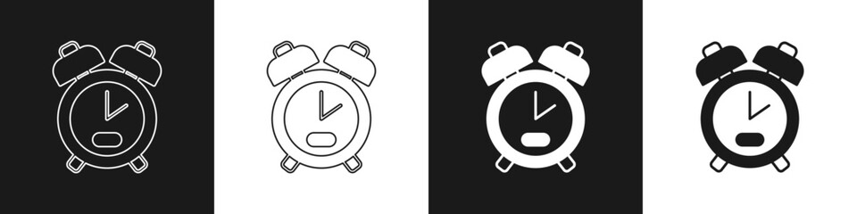 Set Alarm clock icon isolated on black and white background. Wake up, get up concept. Time sign. Vector