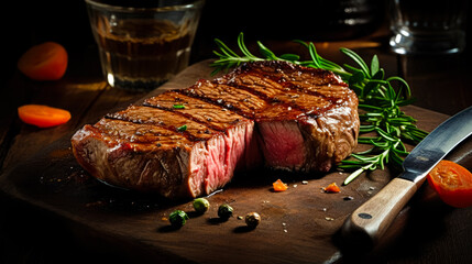 Healthy lean grilled medium-rare beef steak in cut. Gourmet food. Delicious food. Generative AI