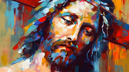 Jesus Christ carrying cross portrait , abstract original art for easter holiday and good friday,