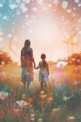 Naklejka na ściany i meble A mother and daughter holding hands in a field of flowers. Generative AI image.