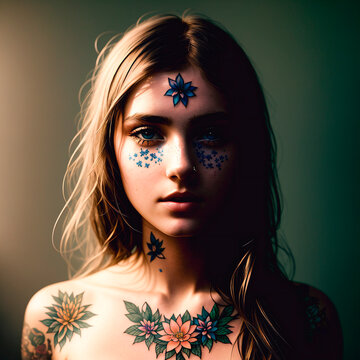 Portrait of a handsome young woman with colorful hair and tattoos on face and body. Generative AI.