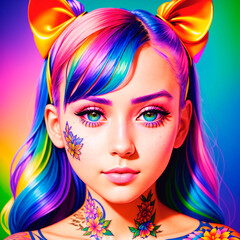 Obraz premium Portrait of a handsome young woman with colorful hair and tattoos on face and body. Generative AI.