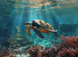 Fototapeta premium Turtle underwater. Generative AI