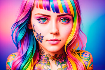 Fototapeta premium Portrait of a handsome young woman with colorful hair and tattoos on face and body. Generative AI.