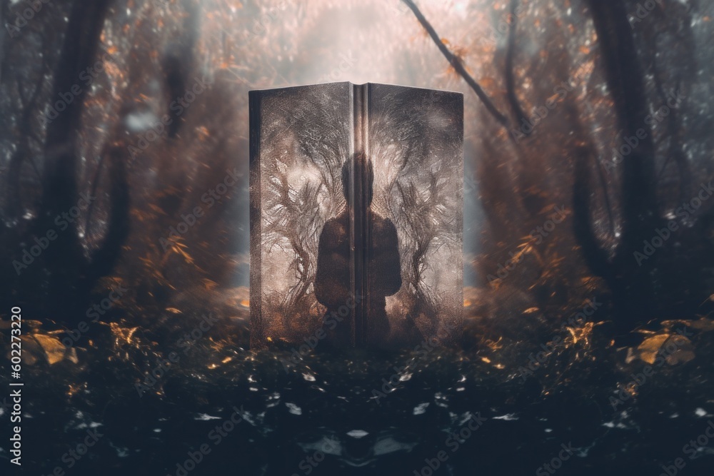Poster a person standing in the middle of a forest. generative ai image.