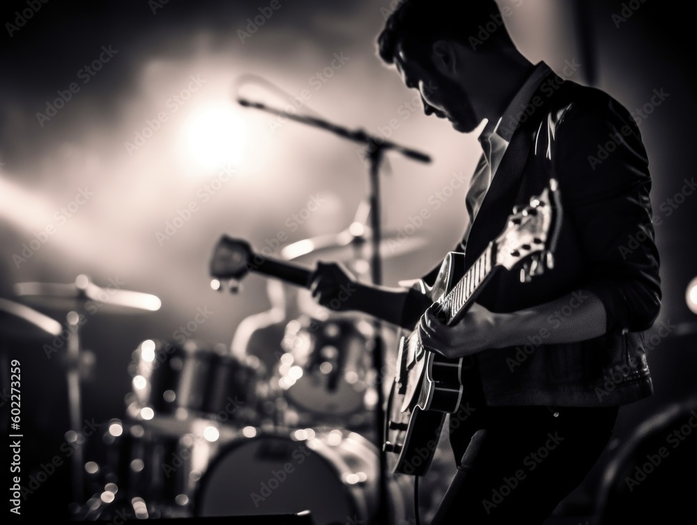 Poster a man playing a guitar in front of a microphone. generative ai image.