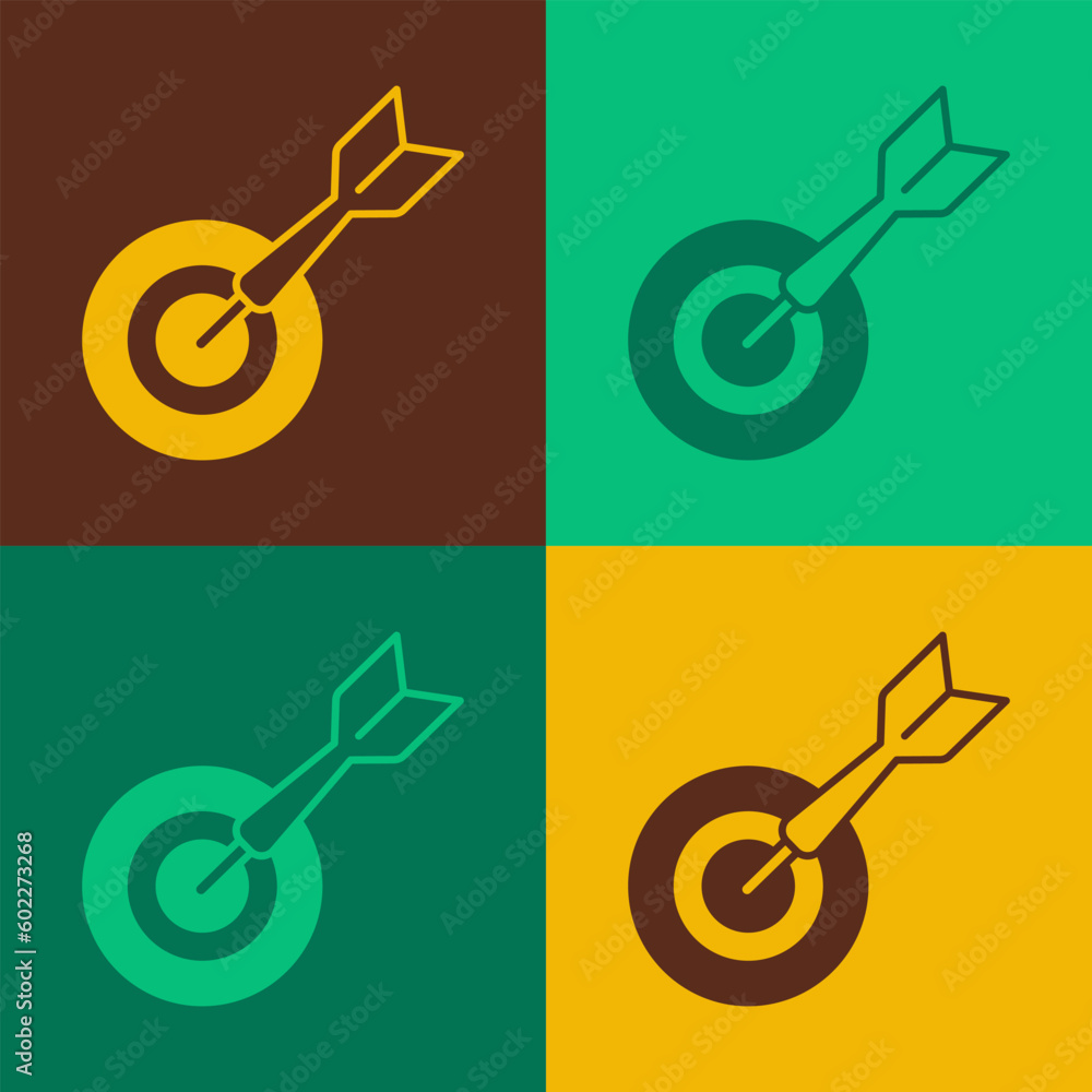 Poster pop art classic dart board and arrow icon isolated on color background. dartboard sign. game concept
