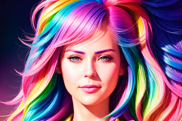 Portrait of a beautiful young woman with colorful hair and makeup. Generative AI