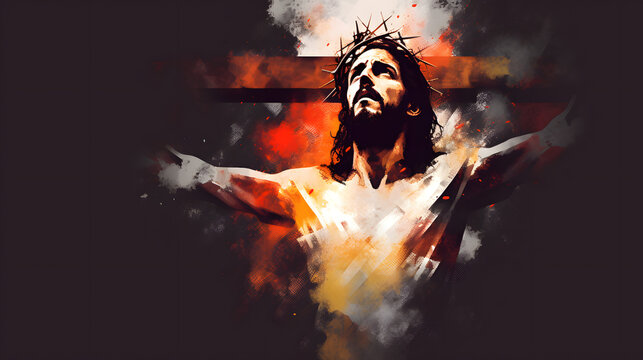 Jesus Christ on the cross banner background. Artistic abstract religious background illustration with copy space for text.