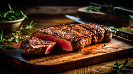 Healthy lean grilled medium-rare beef steak in cut. Gourmet food. Delicious food. Generative AI