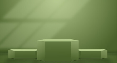 3d realistic podium on green background. Product diplay. Abstract vector rendering for advirtising product display, minimal scene room.