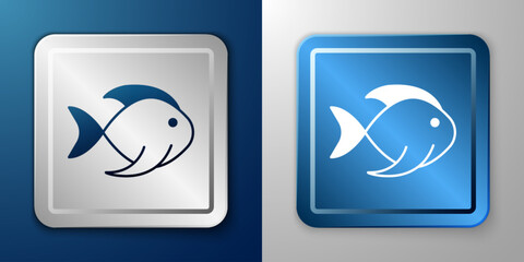 White Fish icon isolated on blue and grey background. Silver and blue square button. Vector