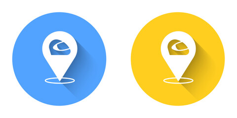 White Racing helmet icon isolated with long shadow background. Extreme sport. Sport equipment. Circle button. Vector