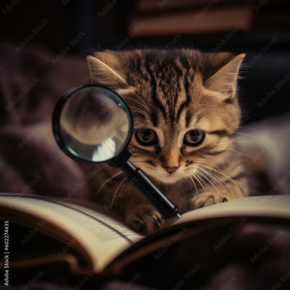 Poster a cat looking through a magnifying glass. generative ai image.