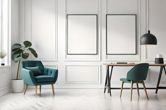 Interior Mockup with white frames against the background, mock up poster frame in modern interior background, frame mockup, Generative AI