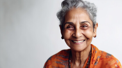 A joyful Indian senior woman radiates charm and elegance. Generative AI