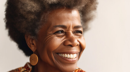 A smiling African senior woman exudes a youthful spirit. Generative AI