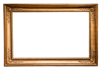 old horizontal long rococo wooden picture frame isolated on white background with cut out canvas