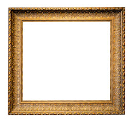 vintage wide carved golden wooden picture frame isolated on white background with cut out canvas - 602275433