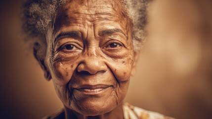 A senior afro woman's smile showcases timeless beauty. Generative AI