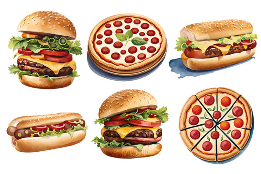 Fast food watercolor set on transparent background. Generative AI