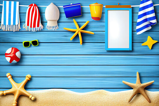 Beach Accessories On Blue Plank - Summer Holiday Banner. Generative Ai