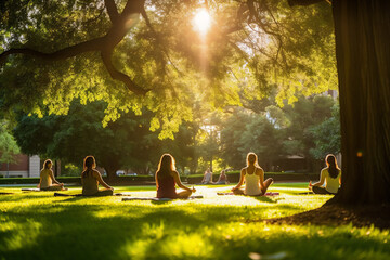 Practicing Yoga Together in the Park. Generative AI.