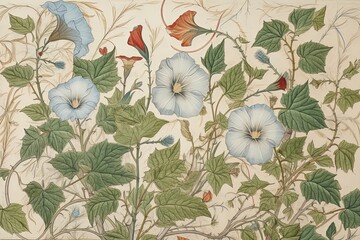 Exquisite Morning Glory Drawing: Delicate Watercolor Washes and Intricate Details., generative AI