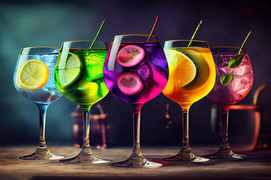 Five colorful gin tonic cocktails in wine glasses on bar counter in pup or restaurant. Generative Ai