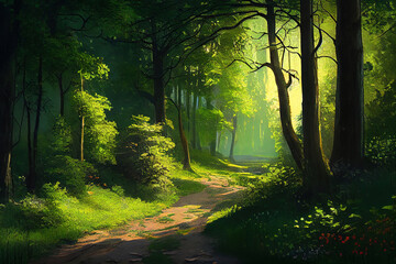 Sunlight in the green forest springtime. Generative Ai
