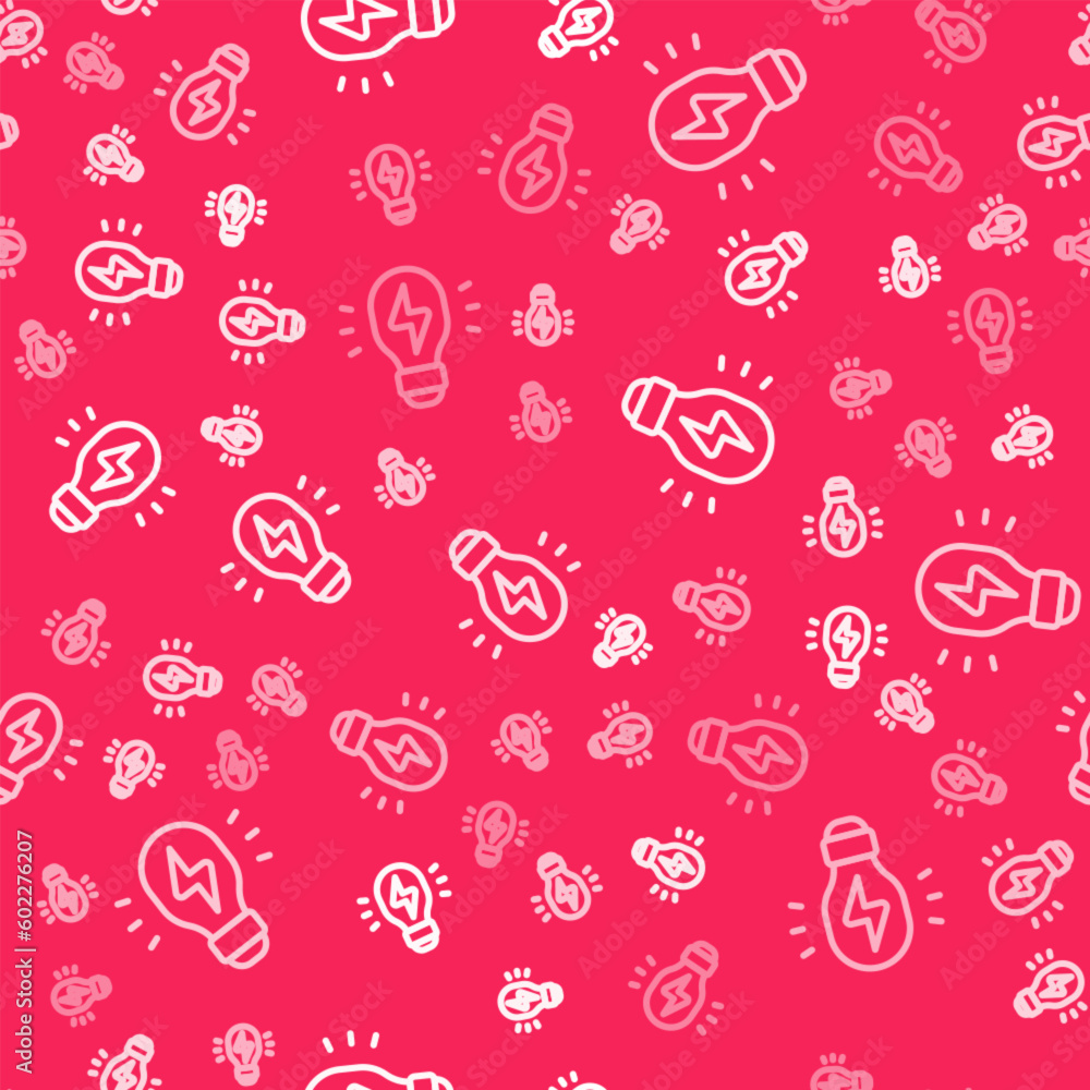 Poster white line creative lamp light idea icon isolated seamless pattern on red background. concept ideas 